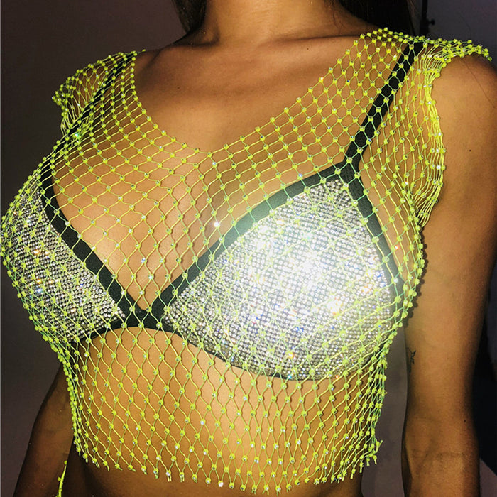 Color-V-neck Fluorescent Green-Mesh Diamond Vest Sexy Hollow Out Cutout Nightclub Disco Women Top-Fancey Boutique
