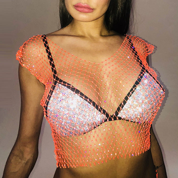 Color-V-neck Fluorescent Orange-Mesh Diamond Vest Sexy Hollow Out Cutout Nightclub Disco Women Top-Fancey Boutique