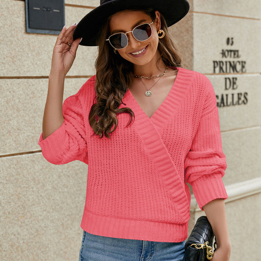 Color-Pink-Women Clothing Loose V neck Design Chenille Women Sweater Autumn Winter Solid Color Knitted Top-Fancey Boutique