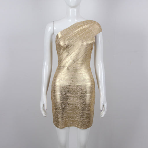 Color-Gold-Summer Bronzing Bandage One Piece Dress One-Shoulder Tight Party Dress-Fancey Boutique