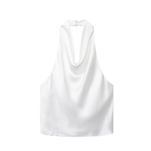 Color-White2-Spring Summer Women' Clothing Halter Silk Satin Texture Backless Short Small Top-Fancey Boutique