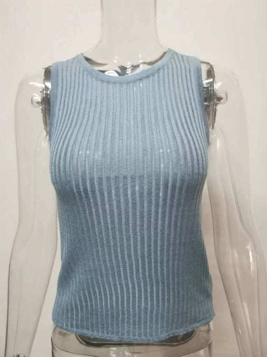 Color-Sea Blue-Spring Summer Sleeveless round Neck Thin Striped Hollow Out Cutout Breathable Wool Vest-Fancey Boutique