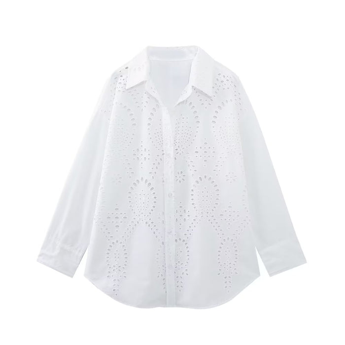 Color-White-Summer Women Clothing Hollow Out Cutout Embroidered Shirt-Fancey Boutique