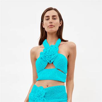 Color-Blue Vest-Summer Trends Women Halter Backless Knitted Hollow Out Cutout Slim Fit Wild Vest Set-Fancey Boutique