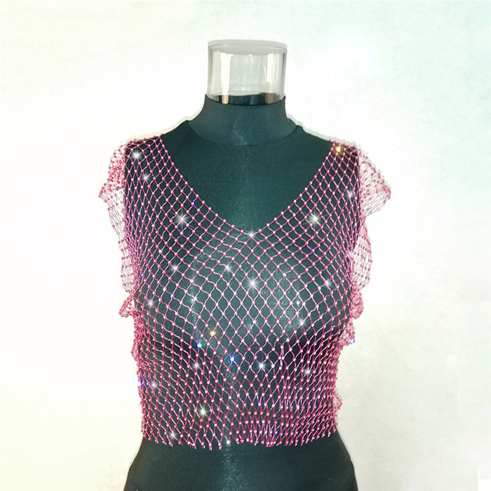 Color-V-neck Rose Red-Mesh Diamond Vest Sexy Hollow Out Cutout Nightclub Disco Women Top-Fancey Boutique
