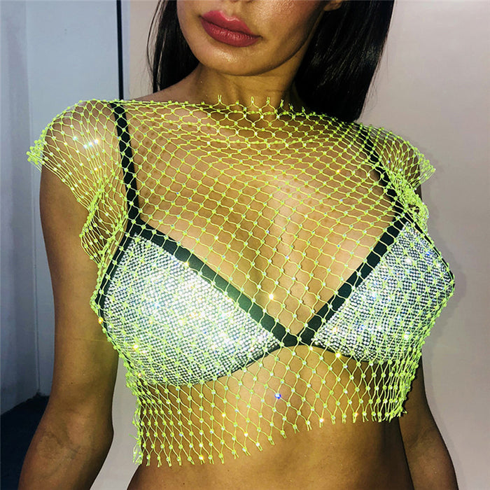 Color-round Neck Fluorescent Green-Mesh Diamond Vest Sexy Hollow Out Cutout Nightclub Disco Women Top-Fancey Boutique