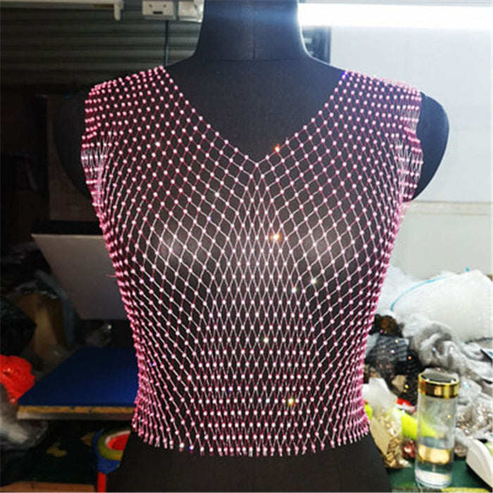 Color-V-neck pink-Mesh Diamond Vest Sexy Hollow Out Cutout Nightclub Disco Women Top-Fancey Boutique