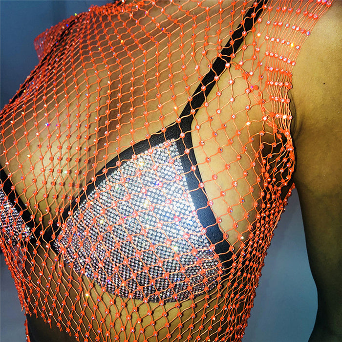 Color-round Neck Fluorescent Orange-Mesh Diamond Vest Sexy Hollow Out Cutout Nightclub Disco Women Top-Fancey Boutique