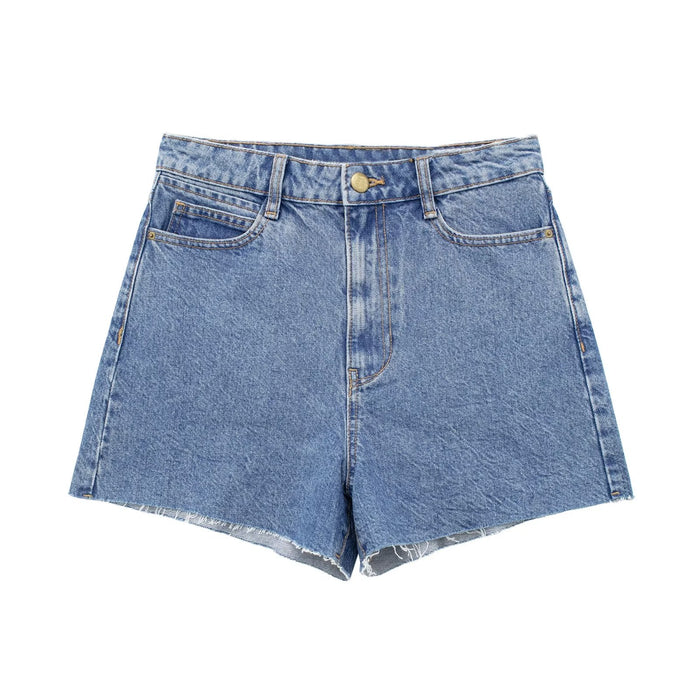 Color-light blue-Retro High Waist Denim Shorts Niche Sexy Sexy Outer Wear Stretch Slim Fit All-Match Hem Frayed Pants-Fancey Boutique