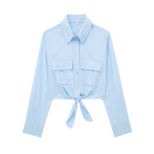Summer Women Clothing Collared Long Sleeve Short Bow Tie Striped Shirt-Blue-Fancey Boutique