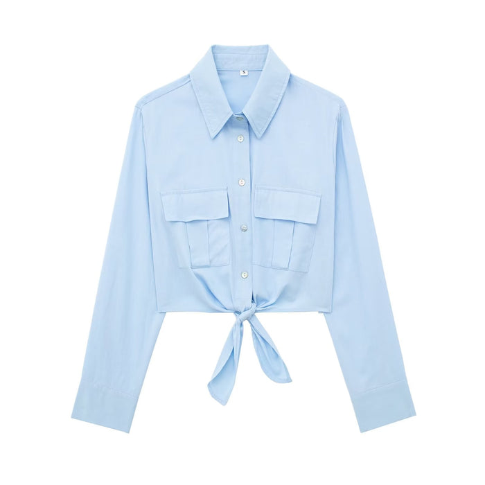 Summer Women Clothing Collared Long Sleeve Short Bow Tie Striped Shirt-Blue-Fancey Boutique