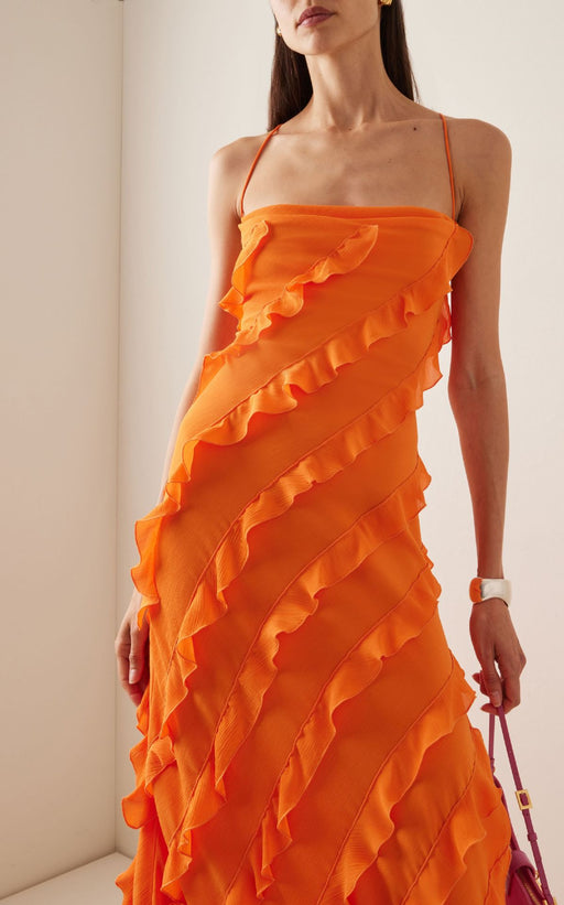 Color-Orange-Summer Dress Elegant Wooden Ear Suspender Split Off Shoulder Dress-Fancey Boutique