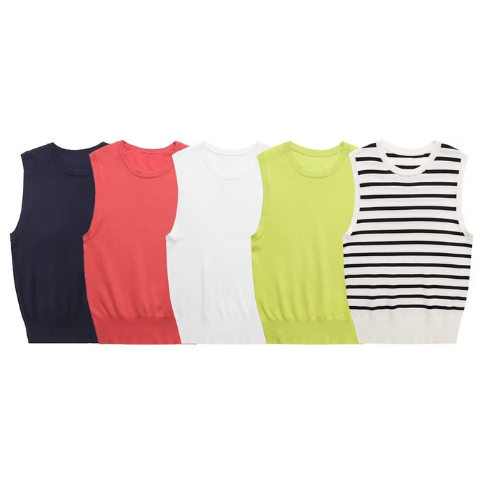 Women Clothing Summer Striped Basic Round Neck Sleeveless Knitted Top-Fancey Boutique