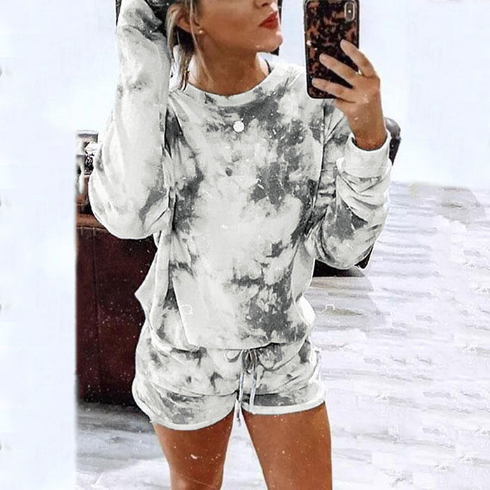 Color-Gray-Women Tie Dyed Printed Long Sleeved Round Neck Casual Home Set-Fancey Boutique