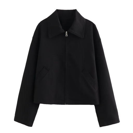 Color-Black-Women Collared Long Sleeve Loose Zipper Ornament Casual Jacket Short Coat-Fancey Boutique