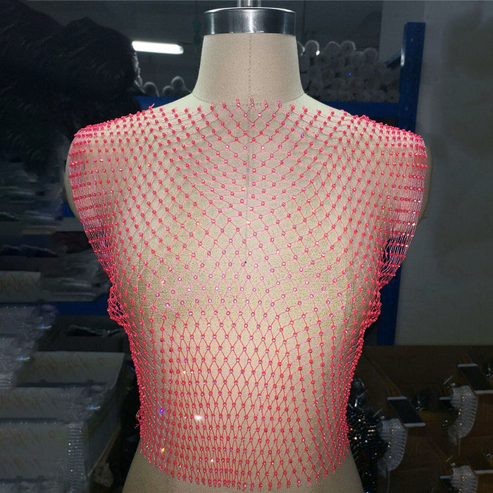 Color-round Neck Fluorescent Rose Red-Mesh Diamond Vest Sexy Hollow Out Cutout Nightclub Disco Women Top-Fancey Boutique