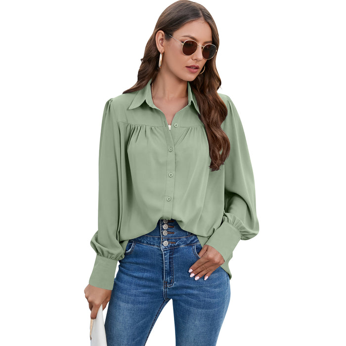 Color-Green-1-Women Clothing Spring Autumn Chiffon Shirt Women Shirt Pleated Long Sleeved Top Women-Fancey Boutique