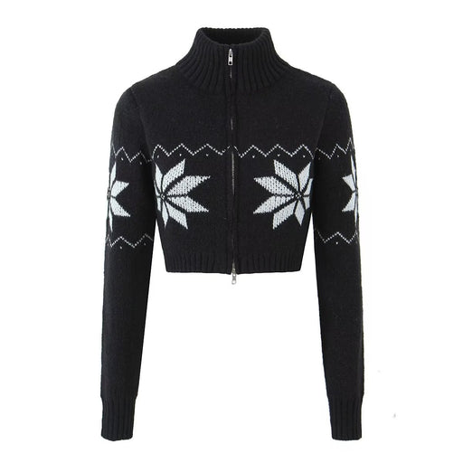 Color-Black Top-Summer Women Clothing Zipper Short Snowflake Sweater Sweater-Fancey Boutique