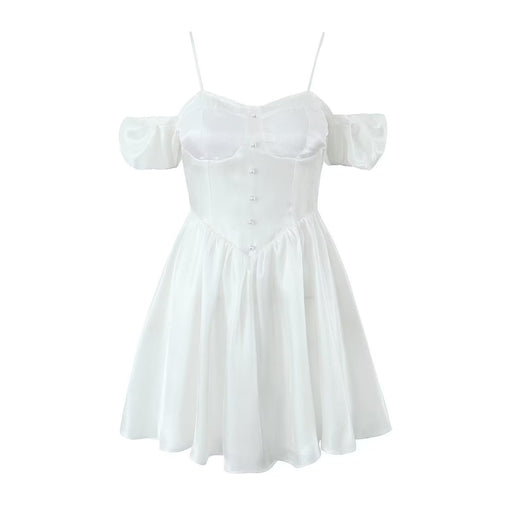 Color-White-【MOQ-5 packs】 Girlish High Waist A line Solid Color Simple Short Summer Boat Neck Sexy Dress-Fancey Boutique