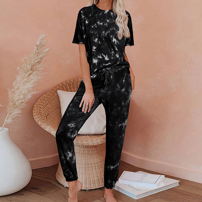 Color-Black-Women Short Sleeve Gradient Print Tie Dye Pajamas Home Wear-Fancey Boutique