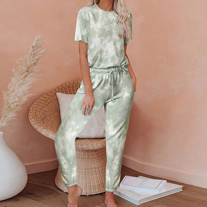 Color-Green-Women Short Sleeve Gradient Print Tie Dye Pajamas Home Wear-Fancey Boutique
