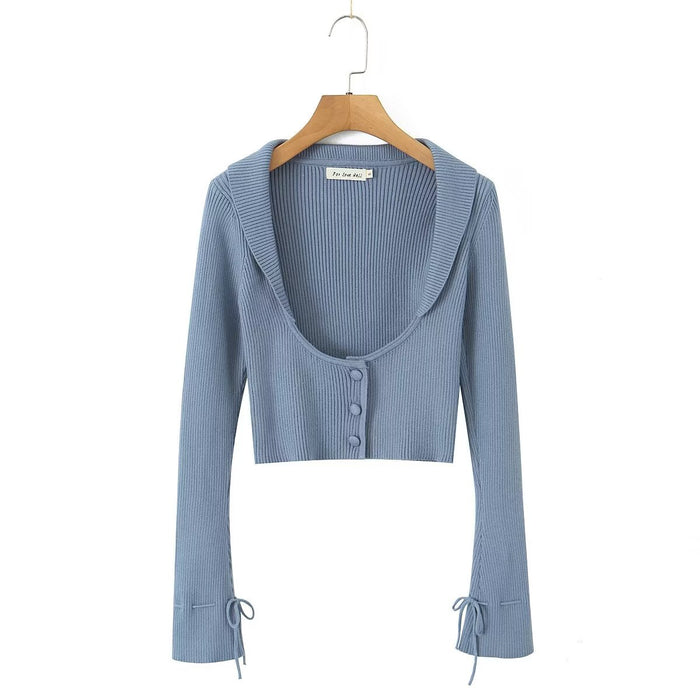 Color-Blue Coat-Early Autumn Gentle Knitted Lace up Three Piece Women Polo Collar Long Sleeved Coat Color Matching Sling Pleated-Fancey Boutique