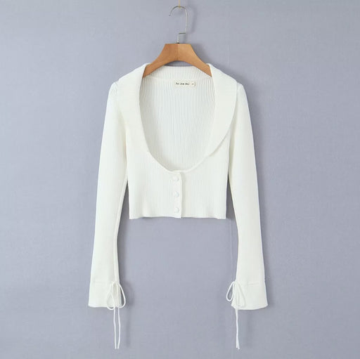 Color-White Coat-Early Autumn Gentle Knitted Lace up Three Piece Women Polo Collar Long Sleeved Coat Color Matching Sling Pleated-Fancey Boutique