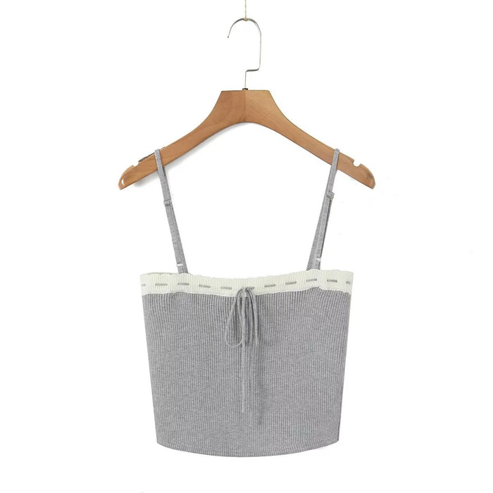Color-Gray Top-Early Autumn Gentle Knitted Lace up Three Piece Women Polo Collar Long Sleeved Coat Color Matching Sling Pleated-Fancey Boutique