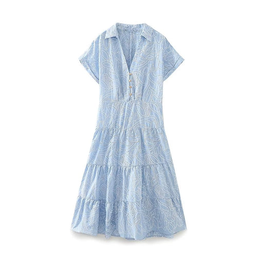Color-Blue-Summer Women Clothing Hollow Out Cutout out Embroidered Shirt Dress-Fancey Boutique