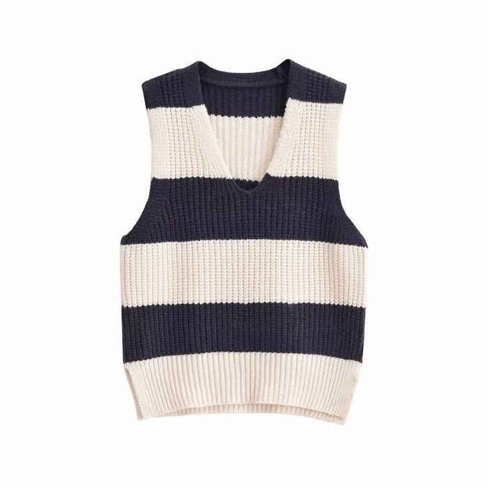 Color-Multi-Summer V Neck Contrast Color Wide Stripe Stitching Sleeveless Knitted Slit Vest Women-Fancey Boutique