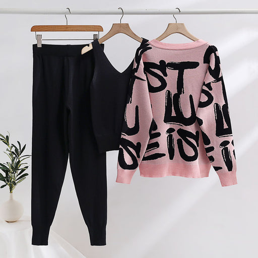 Color-Pink-Autumn Winter Internet Contrast Color Jacquard Knitting Suit Three Piece Set Slimming-Fancey Boutique