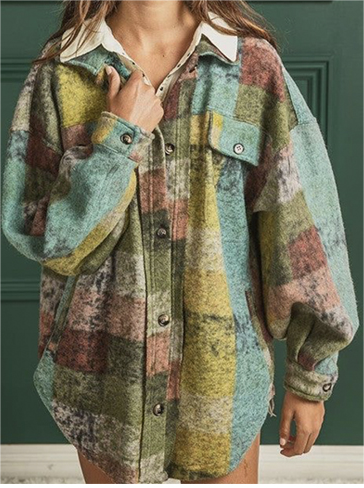 Color-Blue Green-Autumn Winter Single Breasted Collared Fleece Jacket Plaid Cardigan Shirt Women-Fancey Boutique