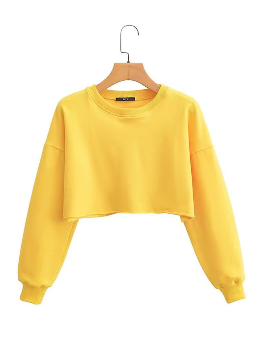 Color-Yellow-Spring Cropped Sweater Round Neck Loose Long Sleeves Pullover Sweater Women-Fancey Boutique