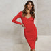 Color-Red-Autumn Winter Long Sleeve V-neck Slim Fit Sexy Women Dress-Fancey Boutique