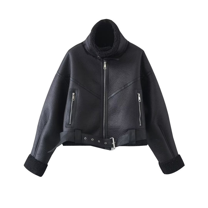 Color-Black-Autumn Winter Faux Jacket Jacket Sweet Cool Sexy Women Clothing Street Collared Short Motorcycle Jacket-Fancey Boutique