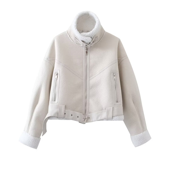 Color-White-Autumn Winter Faux Jacket Jacket Sweet Cool Sexy Women Clothing Street Collared Short Motorcycle Jacket-Fancey Boutique