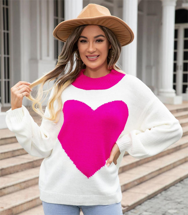 Color-Coral Red-Autumn Winter Big Love Valentine Day Peach Heart Sweater round Neck Knitted Pullover Sweater Women-Fancey Boutique