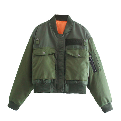 Color-Army Green-Series Spring Loose Snap Button Large Pocket Army Green Flying Thickened Cotton Padded Coat-Fancey Boutique