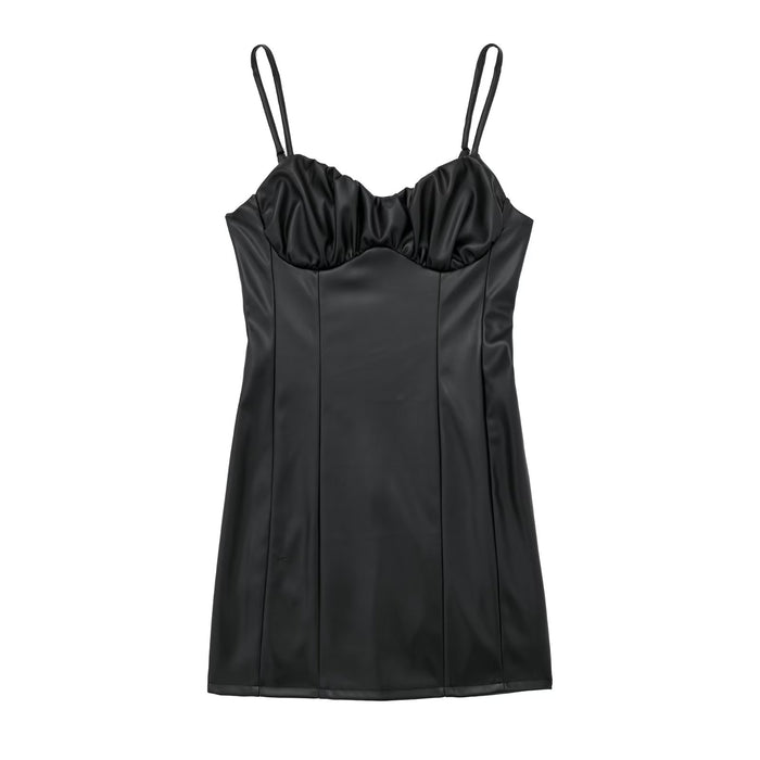 Color-Black-Women Black Faux Leather Cami Dress-Fancey Boutique