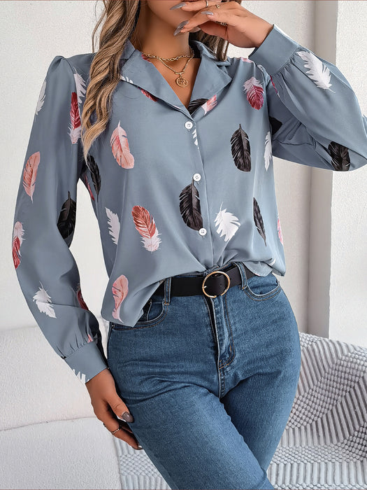 Color-Blue-Autumn Winter Elegant Feather Printed Suit Collar Long Sleeve Shirt Women Clothing-Fancey Boutique