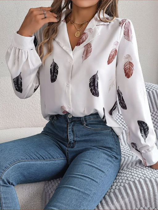 Color-White-Autumn Winter Elegant Feather Printed Suit Collar Long Sleeve Shirt Women Clothing-Fancey Boutique
