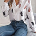 Color-White-Autumn Winter Elegant Feather Printed Suit Collar Long Sleeve Shirt Women Clothing-Fancey Boutique