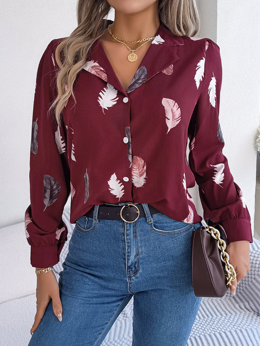 Color-Burgundy-Autumn Winter Elegant Feather Printed Suit Collar Long Sleeve Shirt Women Clothing-Fancey Boutique