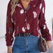 Color-Burgundy-Autumn Winter Elegant Feather Printed Suit Collar Long Sleeve Shirt Women Clothing-Fancey Boutique