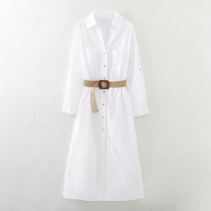 Color-White-Summer Women Clothes Elegant Slightly Mature with Belt Shirt Dress-Fancey Boutique