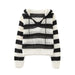 Early Autumn Retro Pullover V neck Loose Short Striped Hooded Sweater Top-Fancey Boutique