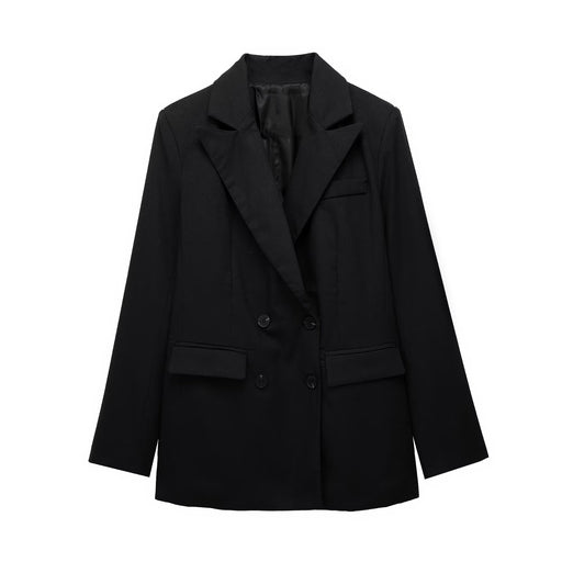 Linen Double Breasted Women Blazer Linen Jacket Linen Straight Pants Suit-Black-Fancey Boutique