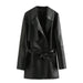 Color-Black-Summer Women Faux Leather Long Sleeve Collared Wind Breaker Coat-Fancey Boutique