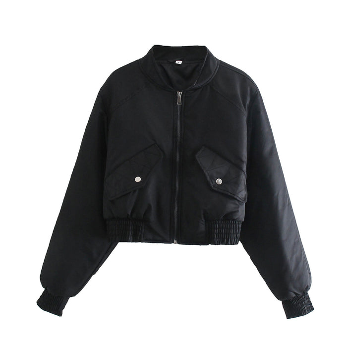 Color-Black-Autumn Winter Zipper Short Bomber Jacket Coat Women Color Handsome-Fancey Boutique