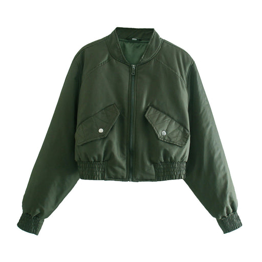 Color-Army Green-Autumn Winter Zipper Short Bomber Jacket Coat Women Color Handsome-Fancey Boutique